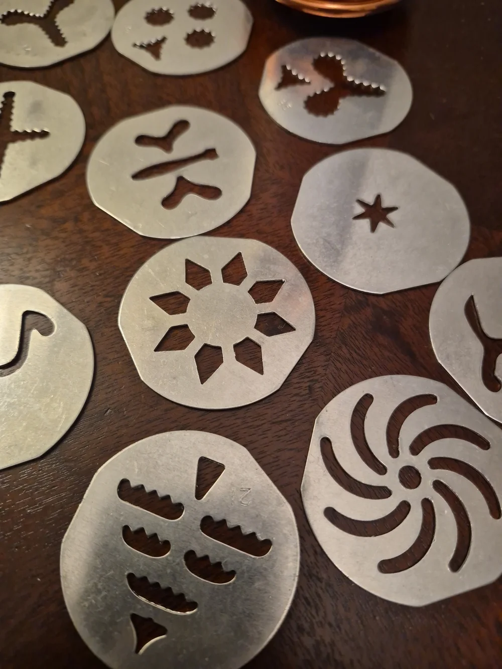 Source Unknown Copper and Silver Cookie Press with 12 Decorative Discs & 3 Decor